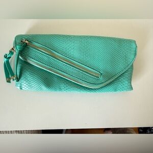 Aqua Faux Snake Skin Clutch Bag w/Gold Chain